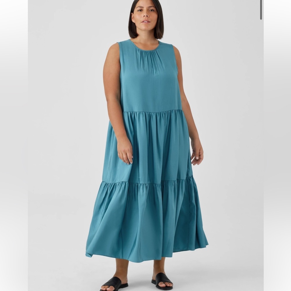 Eileen Fisher 💯 silk Teal Sleeveless Maxi Dress with stole / shawl 2 piece